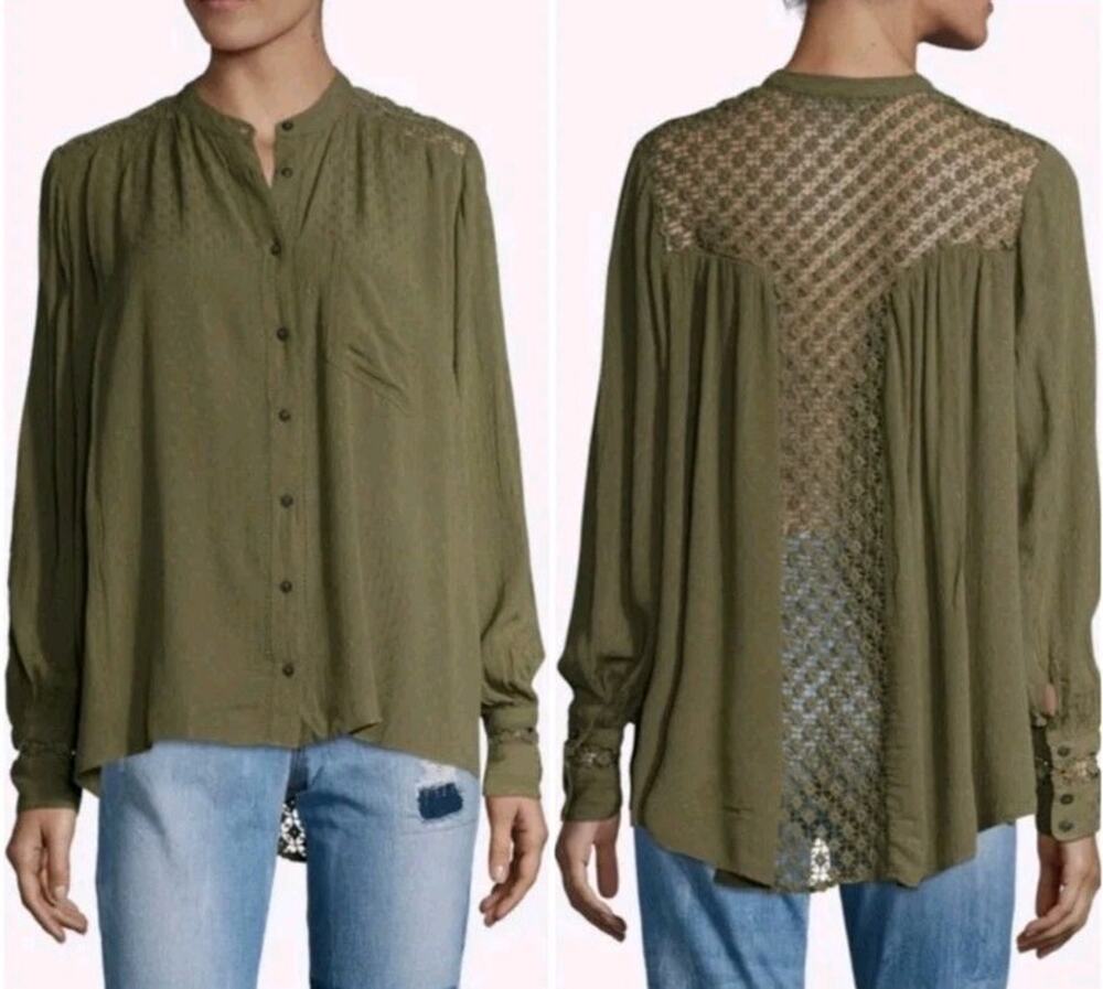 Free People The Best Crochet Button Down Shirt oversized Olive Green